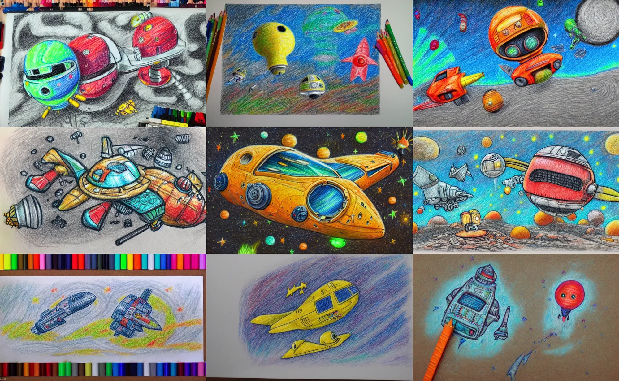 Prompt: intricately detailed crayon drawing, cute realistic retro spaceship crash landed on an alien fantasy landscape