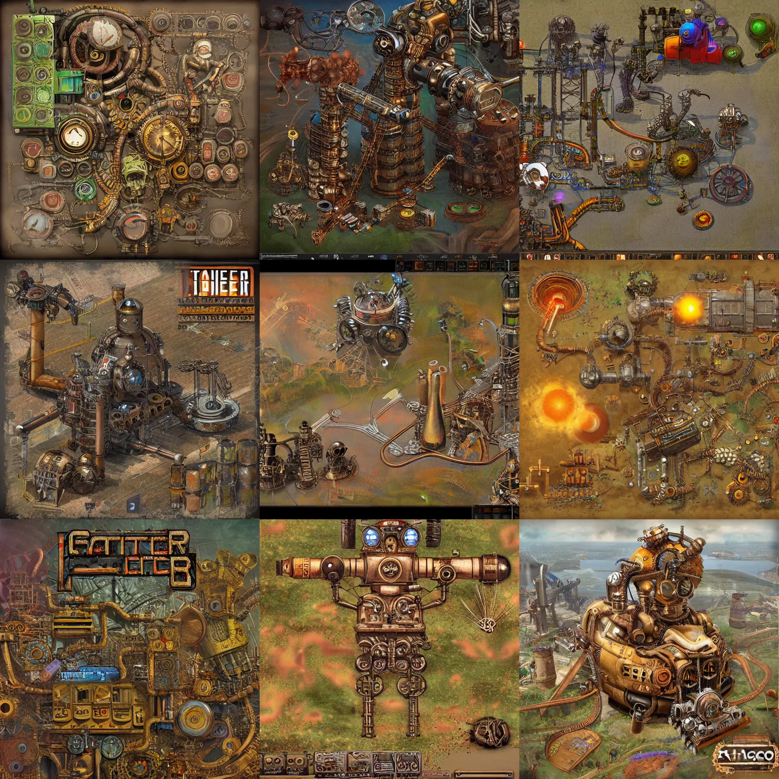 Prompt: the game factorio, steampunk art, psychedelic art, trending on artstation
