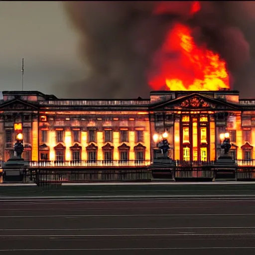 Prompt: photography of Buckingham palace collapsing in flames and dark smoke, VFX, cinematic, rule of thirds, golden ratio, evening