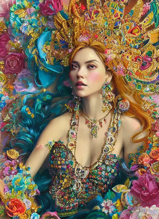 Prompt: an woman in an elaborate and ornate dress lying down on a background of colorful jewels. beautiful highly detailed face. painting by artgerm and greg rutkowski and magali villanueve.