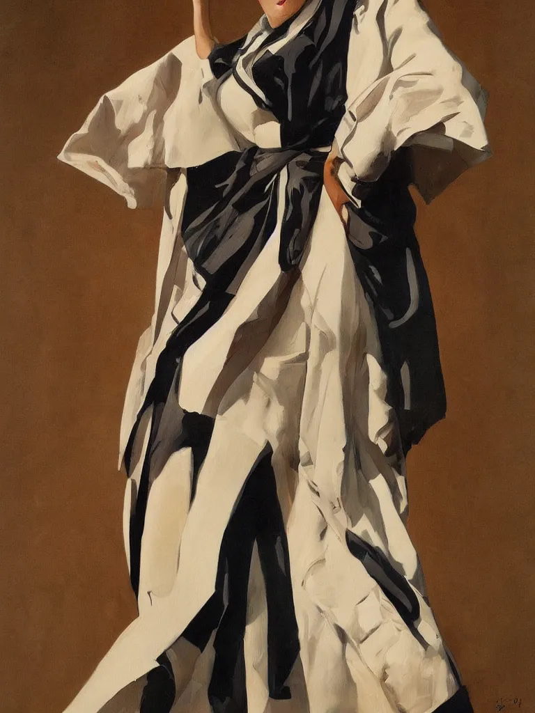 Image similar to stylish painting of future model in 2050 climate refugee outfit dress in the style of JC Leyendecker