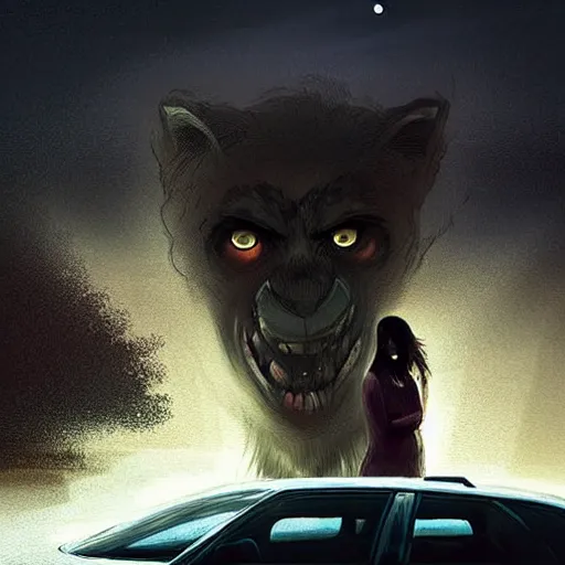 Image similar to Stunning Digital Art of Horrifyingly devastated man and woman hiding inside of a car while a werewolf howls at the moon outside by Stefan Koidl