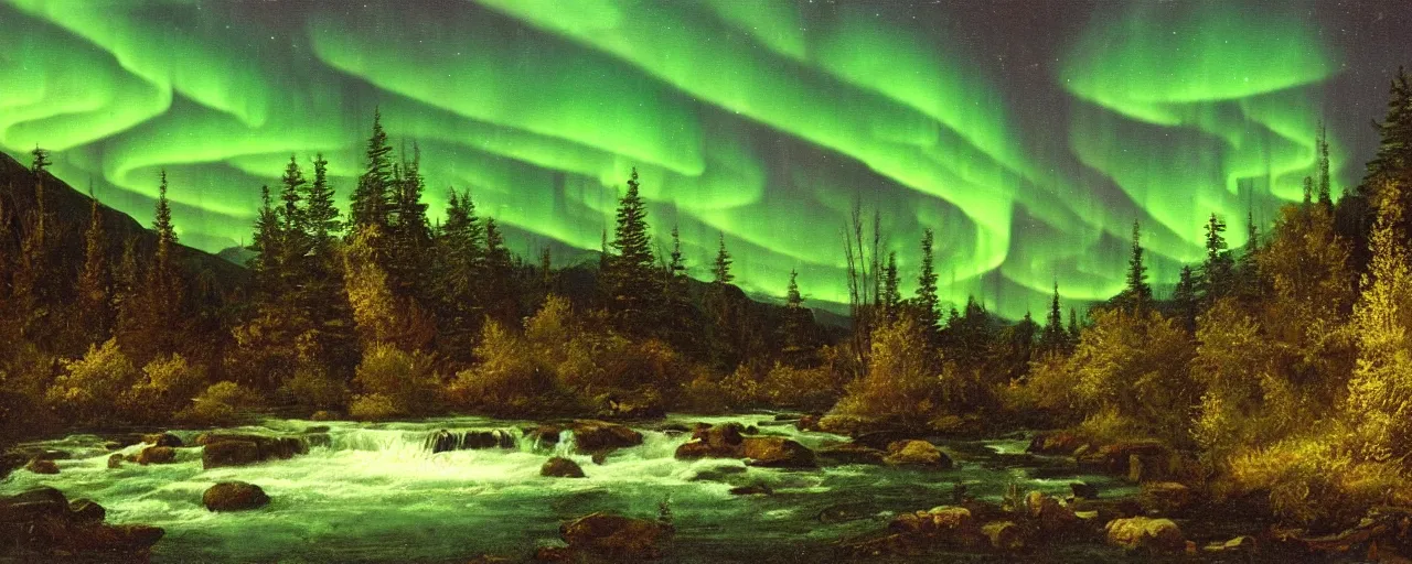 Prompt: a river running through a forest, mountains, at night, beautiful aurora, classic painting, award winning, highly detailed