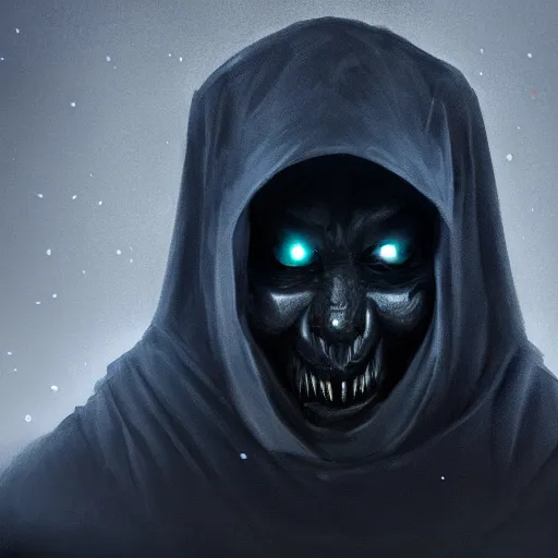 Image similar to award - winning. trending on artstation. 4 k. eerie tone. a shadowy figure wearing a hooded cape made of the night sky with infinite dark blue glowing eyes on its face and an open chest revealing rows of teeth. full - body. portrait.