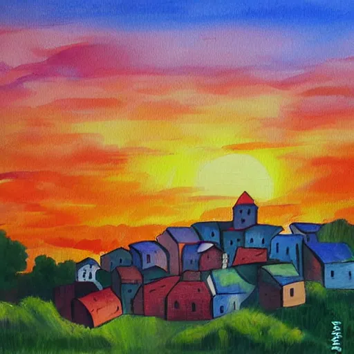 Prompt: colorful painting of a village witnessing sunset