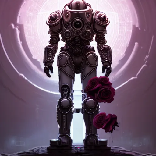 Prompt: perfectly - centered!! looking at the camera!!! low - angle!! full body portrait of fallout brotherhood in white power armor with roses, intricate abstract helmet intricate artwork, by tooth wu, wlop, beeple, dan mumford. concept art, octane render, deviantart, greg rutkowski, cinematic arthouse, key art, hyper realism, iridescent accents