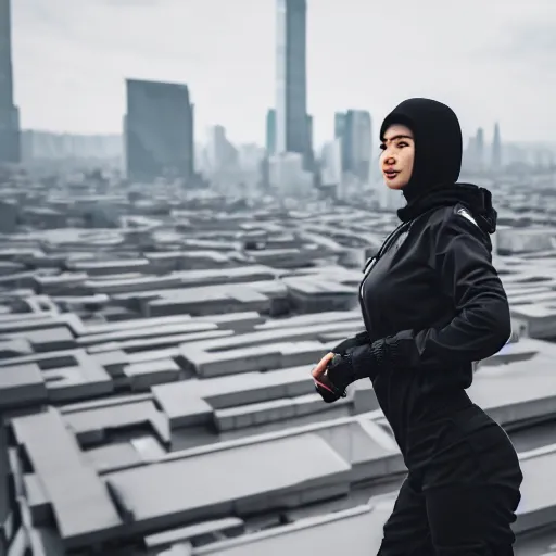 Image similar to photograph of a techwear woman, closeup, on the rooftop of a futuristic city, sigma 85mm f/1.4, 4k, depth of field, high resolution, 4k, 8k, hd, full color