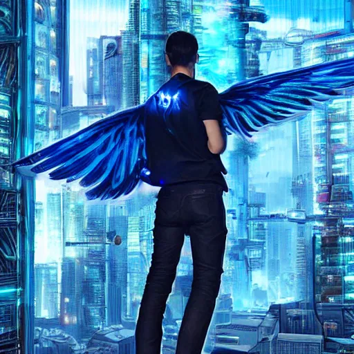 Prompt: young French man with blue energy wing on his back, behind a futuristic cyberpunk city, hyperrealistic, high quality, multiple details