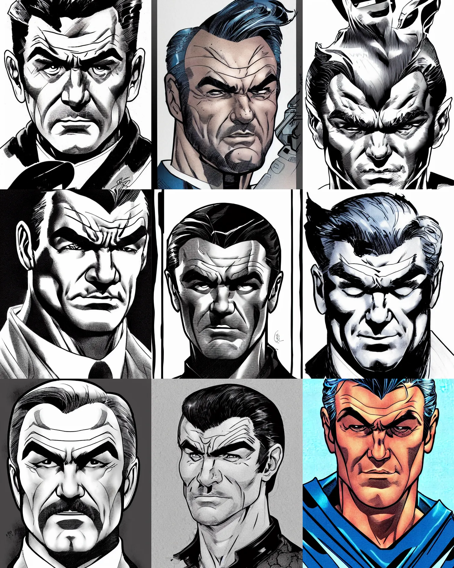 Prompt: sean connery!!! jim lee!!! flat ink sketch by jim lee face close up headshot in the style of jim lee, x - men superhero comic book character by jim lee