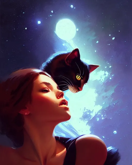 Image similar to a potrait of a space fanstasy cat, fine details. night setting. realistic shaded lighting poster by ilya kuvshinov katsuhiro, artgerm, jeremy lipkin and michael garmash, unreal engine, radiant light, detailed and intricate environment, digital art, trending on art station