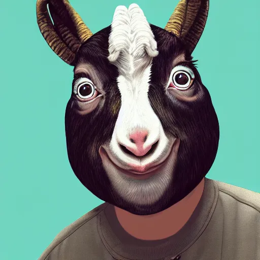 Image similar to andy milonakis as a goat, goat body, human head, anthropomorphic, 4 k, photorealistc, high details