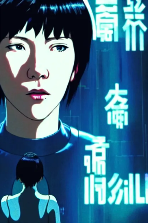 Prompt: long shot from the film ghost in the shell, style of yoshii chie, cinematic, highly detailed