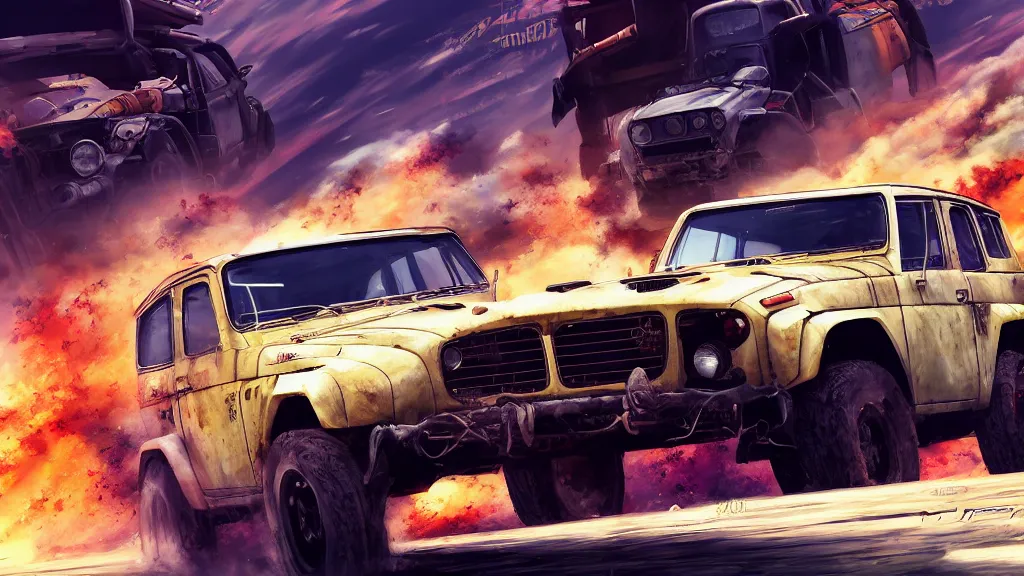 Image similar to anime illustration of mad max's fj 4 0 pursuit special, the last v 8 interceptor driving down to the gates of valhalla highway, riding fury road eternal shiny and chrome, world of fire and blood, by makoto shinkai, ilya kuvshinov, lois van baarle, rossdraws, basquiat, global illumination ray tracing hdr