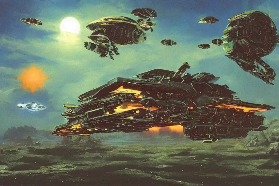 Prompt: an epic chris foss painting of a biological turtle spaceship.