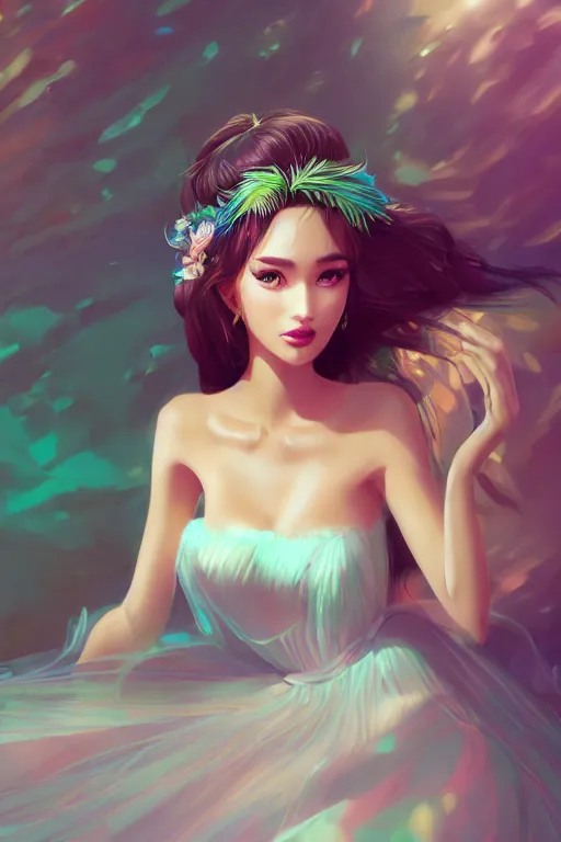 Image similar to a beautiful fashion goddness of love, chic strapless dress, tropical sea background, character design, in the style of artgerm, and wlop, cinematic lighting, hyperdetailed, 8 k realistic, symmetrical, global illumination, radiant light, frostbite 3 engine, cryengine, dof, trending on artstation, digital art