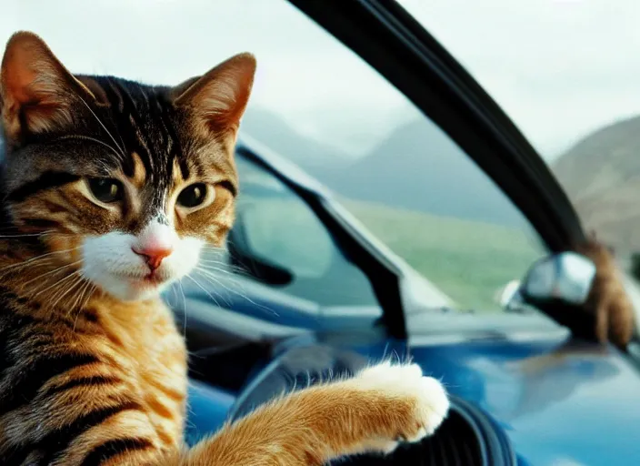 Image similar to A very high resolution image from a new movie, a cat driving a car around, inside of a car , mountains, Polaroid, directed by wes anderson