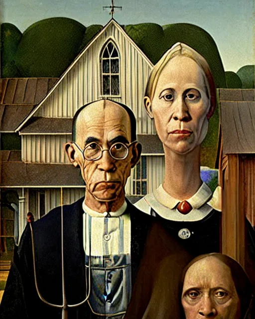 Image similar to American Gothic painting by Hieronymus Bosch