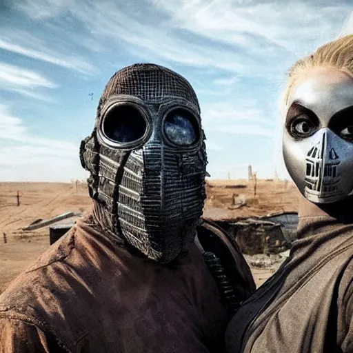 Image similar to a very huge, very big masked mutant man standing next to a small blonde woman, they are staring at the horizon where there are the ruins of a city, postapocalyptic, mad max style, award winning photograph, over the shoulder photo