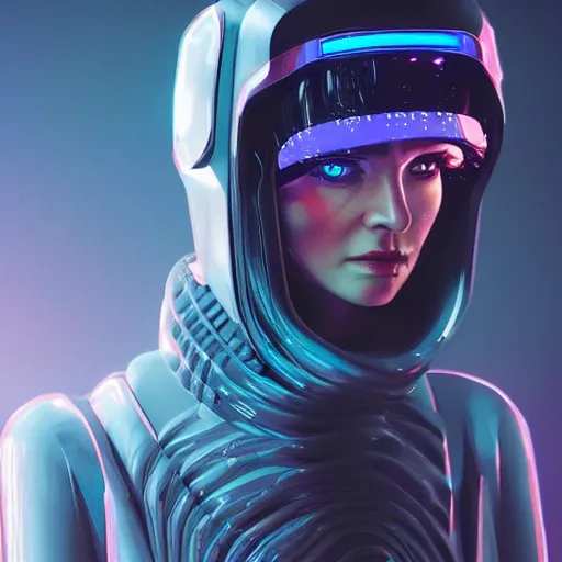 Prompt: a futuristic woman with glowing eyes and a helmet, cyberpunk art by mike winkelmann, trending on cgsociety, panfuturism, futuristic, sci - fi, retrowave