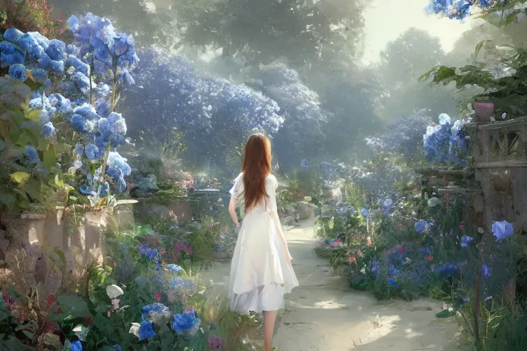 Image similar to a beautiful painting of blue roses garden, girl, by greg rutkowski, trending on artstation