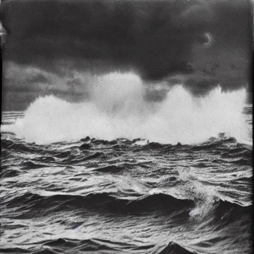 Prompt: “Spongebob in a violent stormy ocean, 1900s photograph”