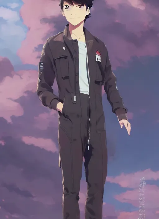 Image similar to a handsome young man! model, wearing ma - 1 flight suit jacket and overalls, trending on pixiv fanbox, painted by greg rutkowski makoto shinkai takashi takeuchi studio ghibli, akihiko yoshida