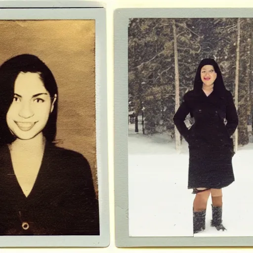 Prompt: full body polaroid of a young woman with black hair, small nose, plump lips, honey colored eyes and symmetrical face standing in front of a snowy cabin