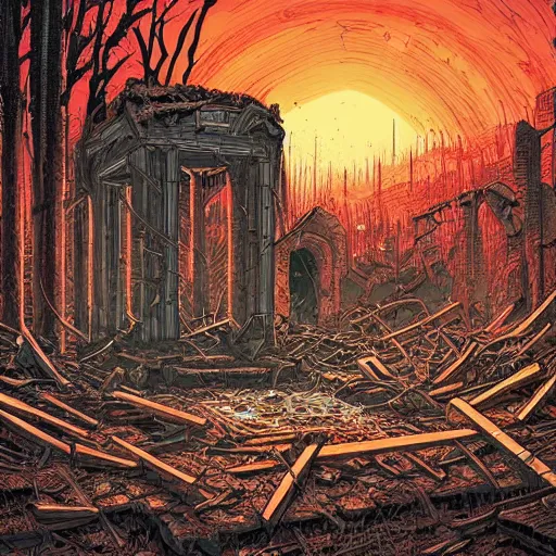 Prompt: a bloody sacrificial alter in ruins by Dan Mumford. Post apocalyptic