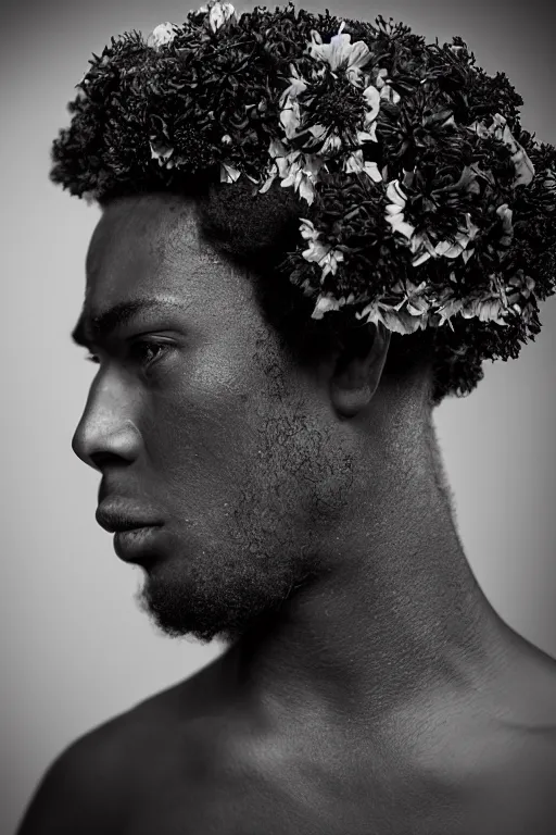 Prompt: a black young man's face in profile, no beard, long curly hair made of flowers and fruit, in the style of the Dutch masters and Alec Soth, dark and moody