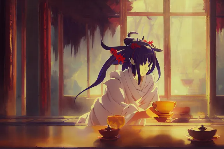 Image similar to baroque! oil painting of anime key visual environment concept art of anime! shinto priestess pouring a cup of tea, sat in seiza position, award winning anime, trending on artstation, palette knife! and brush strokes, oil on canvas, makoto shinkai greg rutkowski studio ghibli