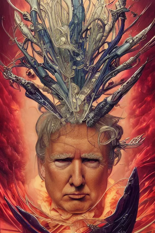 Prompt: donald trump, by artgerm and yoshitaka amano and moebius and hr giger and zdislaw beksinski and alphonse mucha, hyperdetailed, symmetry, glamour, surreal, dc comics, ornate, stunning, nebula, explosions in the sky, trending on artstation