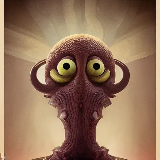 Prompt: squidward as a elden ring boss by Mike Winkelmann