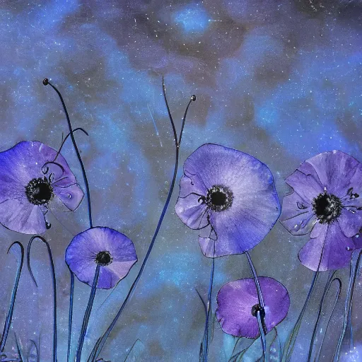 Prompt: detailed, intricate blue black and purple papaverum flower on the field, nebula in the sky