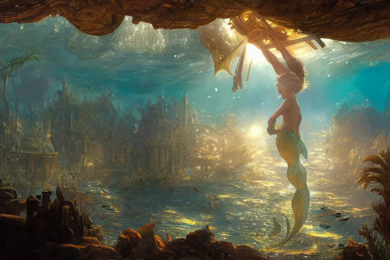 Image similar to a scenic landscaping view of the lost and abandoned city of Atlantic under water, ray of sunlight, mermaids in distance, Greg Rutkowski, Moebius, Mohrbacher, Mucha, blue and gold color scheme, ultra wide angle, ultra detailed, light effect