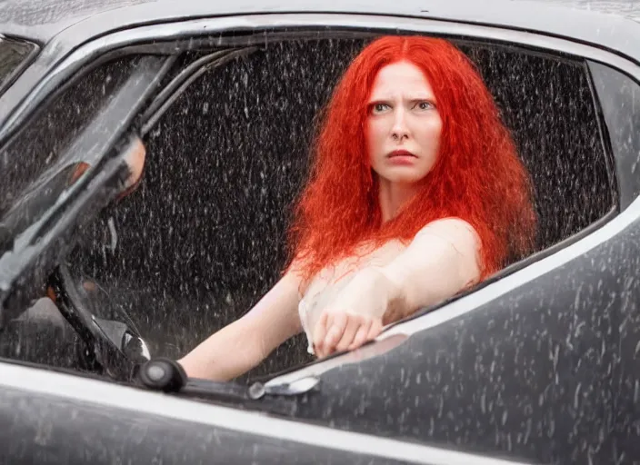 Image similar to A very high resolution image from a new movie, inside of a car, red hair woman, raining, hot, directed by wes anderson