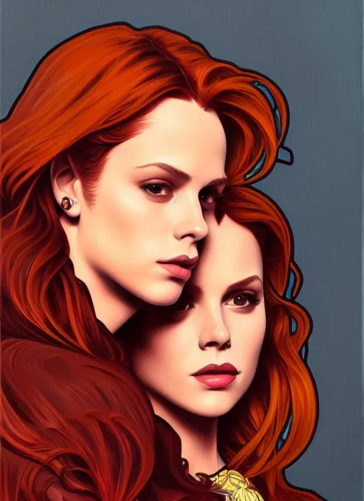 Prompt: oil portrait of cheryl blossom and jason blossom, intricate, elegant, highly detailed, lighting, painting, artstation, smooth, illustration, art by greg rutowski and alphonse mucha