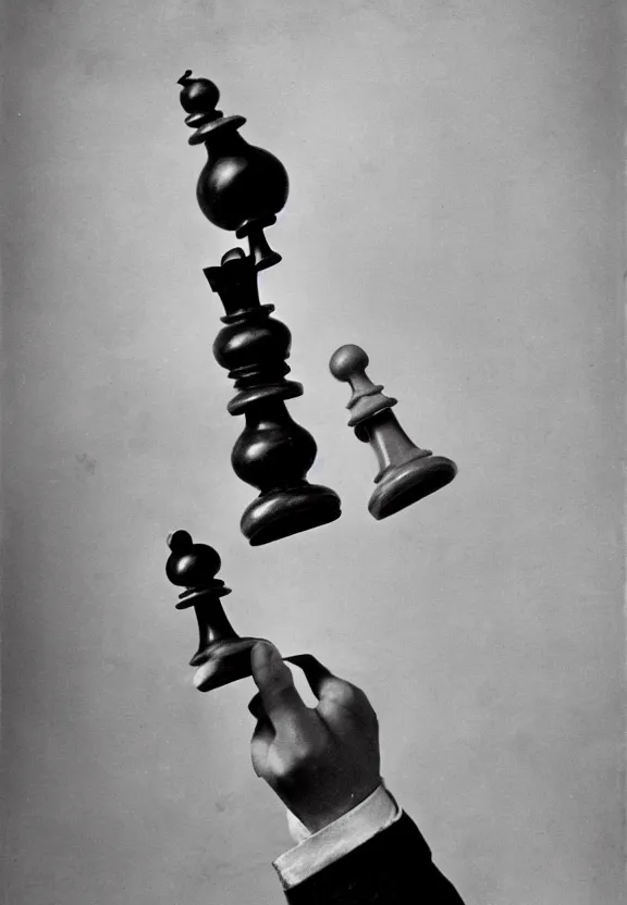 Prompt: a man holding up a single chess - piece, a surrealist painting by marcel duchamp, complex artificial - intelligence machinery, flickr contest winner, surrealist, studio portrait, 1 9 2 0 s