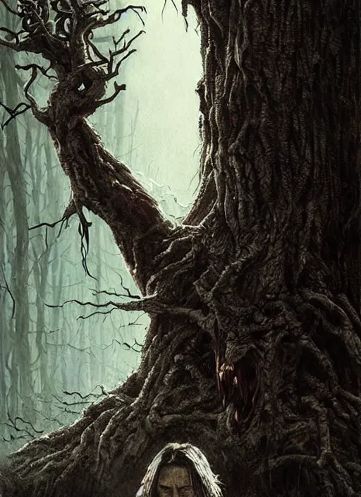 Image similar to highly detailed horror movie poster with angry creepy keanu reeves as a tree, keanu reeves faces in the bark of many trees sentient leafy catastrophe by greg rutkowski, masterpiece, really funny, 1 0 / 1 0 creepy