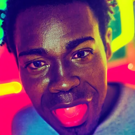 Prompt: close up portrait of black man having an orgasm eyes close, colorized neon lights, explosion of light, hyperealistic detailed photography polaroid, 5 0 mm lens, motion blur, grainy image