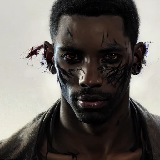 Image similar to portrait painting of a beautiful black man with blade scars and cropped hair wearing a tattered fancy black coat, ultra realistic, concept art, intricate details, eerie, highly detailed, photorealistic, octane render, 8 k, unreal engine. art by artgerm and greg rutkowski and charlie bowater and magali villeneuve and alphonse mucha