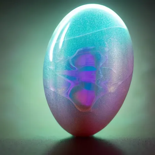 Image similar to - an iridescent angels egg inside a translucent rubber shell, bio luminance, hyper details, cinematic lights, photo bashing, cinematic lighting, octane