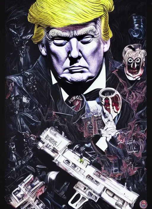 Image similar to donald trump as the villain, slasher film, grotesque, horror, high details, intricate details, by vincent di fate, artgerm julie bell beeple, 80s, inking, vintage 80s print, screen print