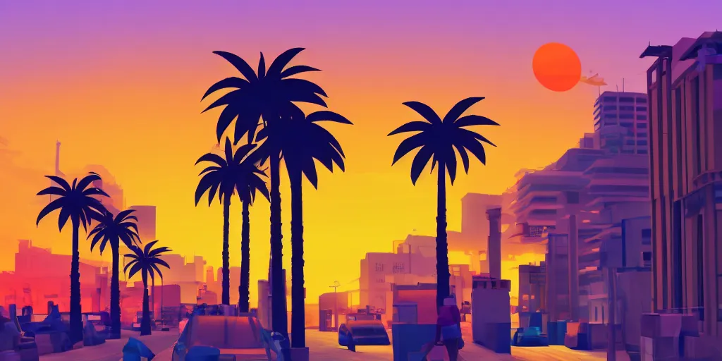 Prompt: sunset over the streets of tel aviv. colorful. highly detailed. palm trees. dogs. 8 k. artstation trending. low poly art