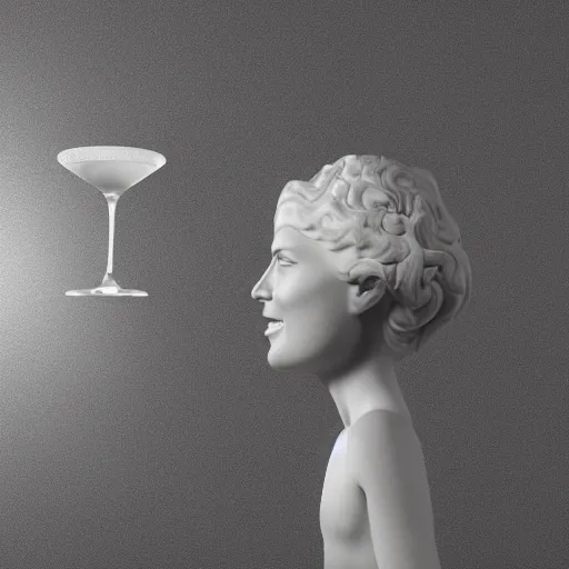 Image similar to a smiling model of a white marble human head holding a coctail, digital illustration, in the style of skeeva, 3 d render, above the waist