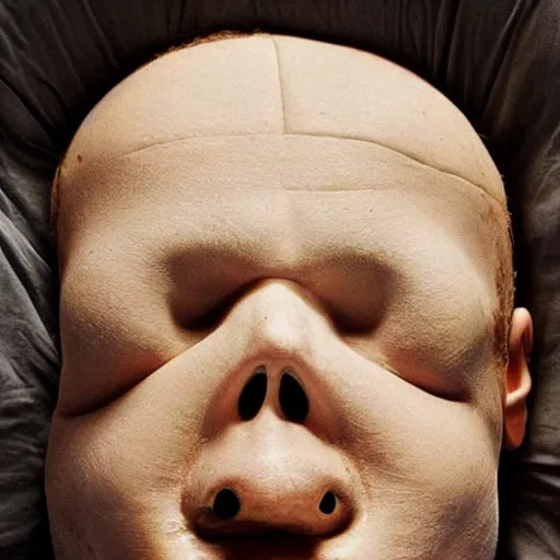 Image similar to “A disfigured man lying in bed. The chest and head area are very strangely shaped, but there is a hole for a mouth and a nose. In the mouth there are teeth and a tongue which moves. There are two eyes above the nose hole. The eyes dart back and forth.”