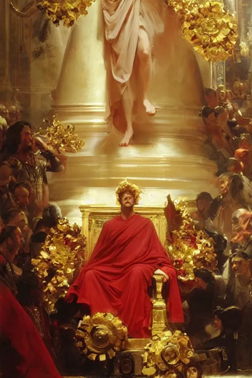 Image similar to beautiful oil painting, steve buscemi in royal crimson robes enthroned as the god emperor of ancient rome a golden wreath upon his head, by anders zorn, wonderful masterpiece by greg rutkowski, beautiful cinematic light, american romanticism, by thomas lawrence, greg rutkowski