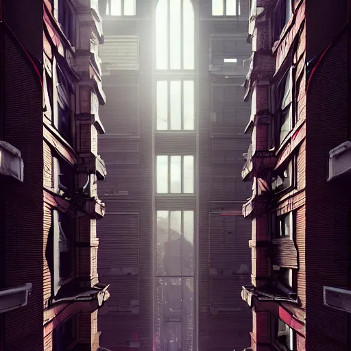 Image similar to One dilapidated building with only one window glowing. ArtStation, Cyberpunk, Vertical Symmetry, 8K, Highly Detailed, Intricate, Album Art.