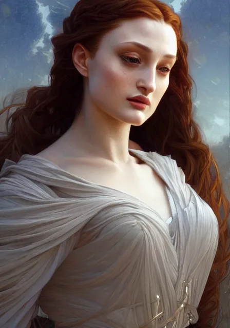 Image similar to sansa angeline jolie, intricate, elegant, highly detailed, digital painting, artstation, concept art, smooth, sharp focus, illustration, art by artgerm and greg rutkowski and alphonse mucha and william - adolphe bouguereau