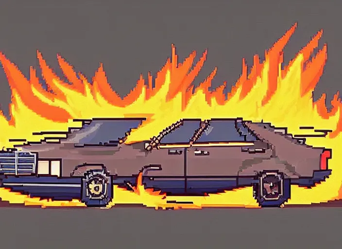 Image similar to burning wrecked mercedes 1 2 4, pixelart by kirokaze, award winning. dramatic. trending on artstation. very low quality, low resolution sync by honeybunny