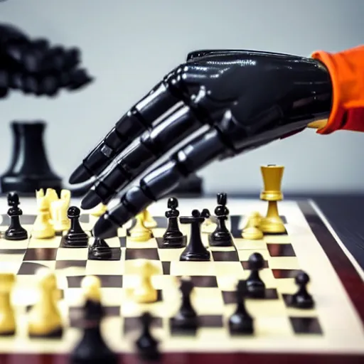 Image similar to a photo, an aggressive robot hand grabbing a human hand over a chess board